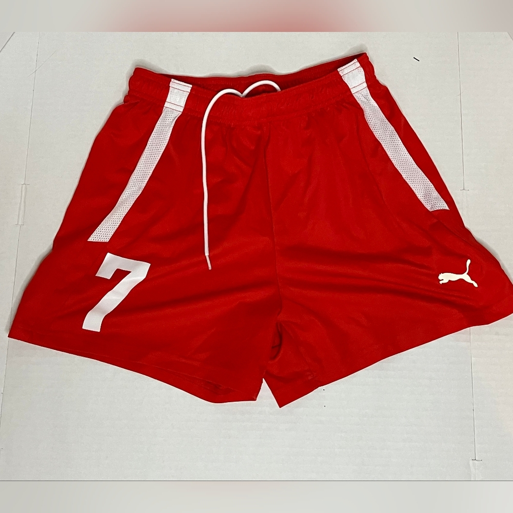 Puma Red Athletic Shorts with White Accents, Number 7, Size Small